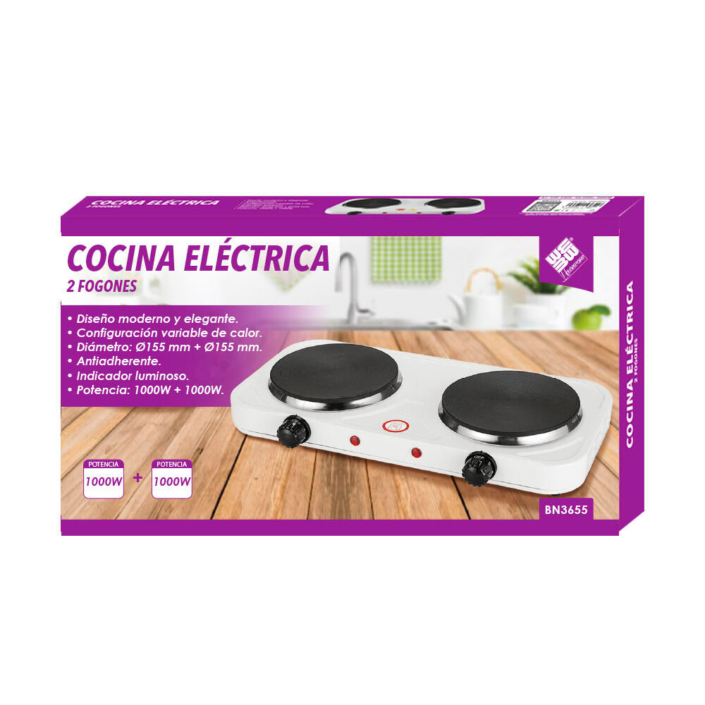 Cocina Eléctrica Hornillo Con 2 Fogones, 2000 W,  Blanco